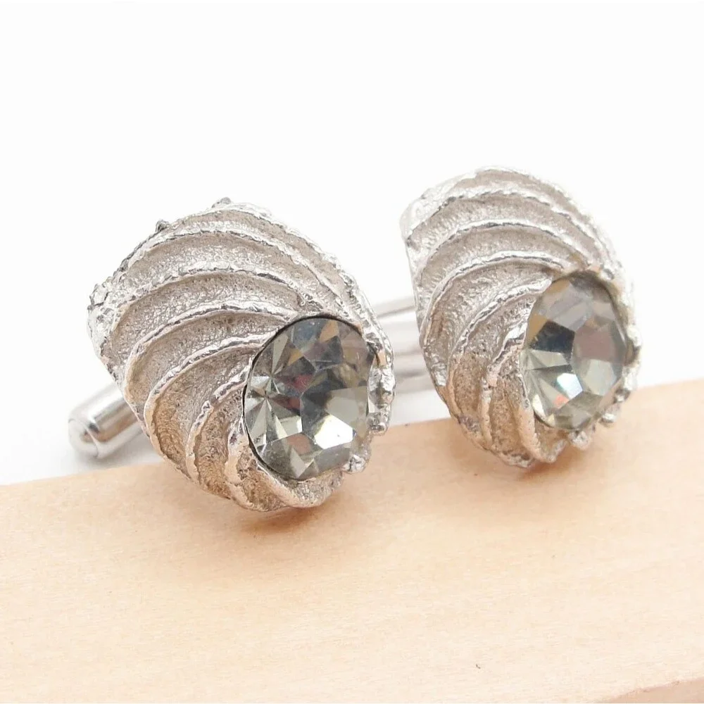 Vintage Swank Silver Tone Shell Cufflinks Smoky Rhinestone Glass MCM Wedding